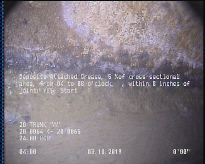 Deposits Attached Grease, 5 %of cross sectional area, from 04 to 08 o'clock, , within 8 inches of joint: YES, Start