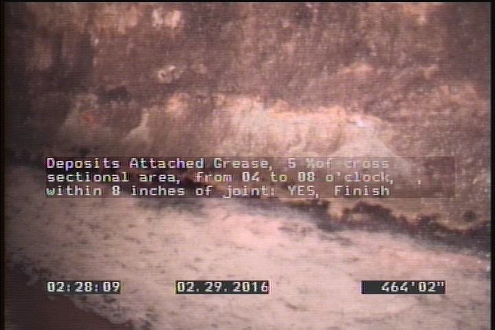 Deposits Attached Grease, 5 %of cross sectional area, from 04 to 08 o'clock, , within 8 inches of joint: YES, Finish