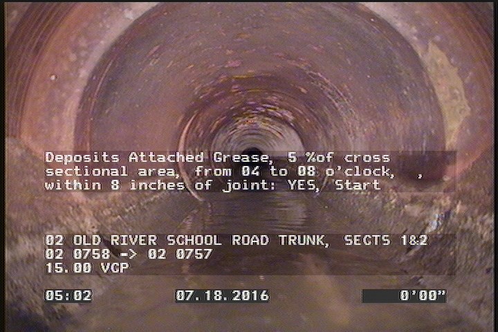 Deposits Attached Grease, 5 %of cross sectional area, from 04 to 08 o'clock, , within 8 inches of joint: YES, Start