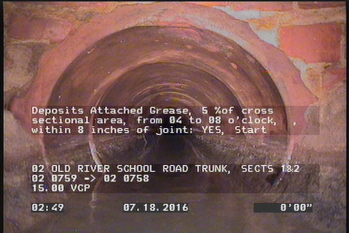 Deposits Attached Grease, 5 %of cross sectional area, from 04 to 08 o'clock, , within 8 inches of joint: YES, Start