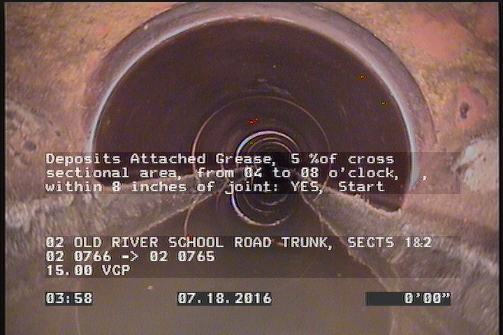 Deposits Attached Grease, 5 %of cross sectional area, from 04 to 08 o'clock, , within 8 inches of joint: YES, Start