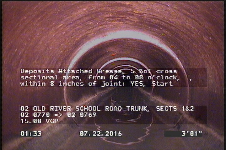 Deposits Attached Grease, 5 %of cross sectional area, from 04 to 08 o'clock, , within 8 inches of joint: YES, Start