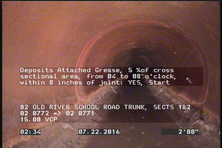 Deposits Attached Grease, 5 %of cross sectional area, from 04 to 08 o'clock, , within 8 inches of joint: YES, Start