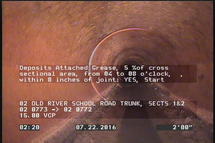 Deposits Attached Grease, 5 %of cross sectional area, from 04 to 08 o'clock, , within 8 inches of joint: YES, Start
