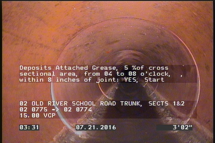 Deposits Attached Grease, 5 %of cross sectional area, from 04 to 08 o'clock, , within 8 inches of joint: YES, Start