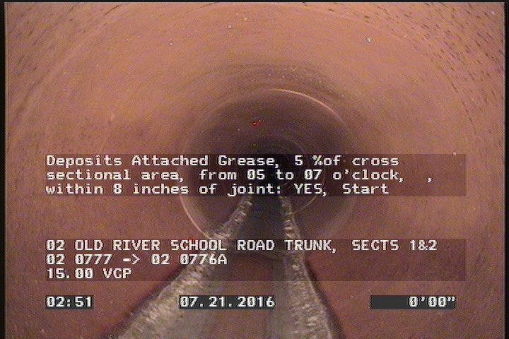 Deposits Attached Grease, 5 %of cross sectional area, from 05 to 07 o'clock, , within 8 inches of joint: YES, Start