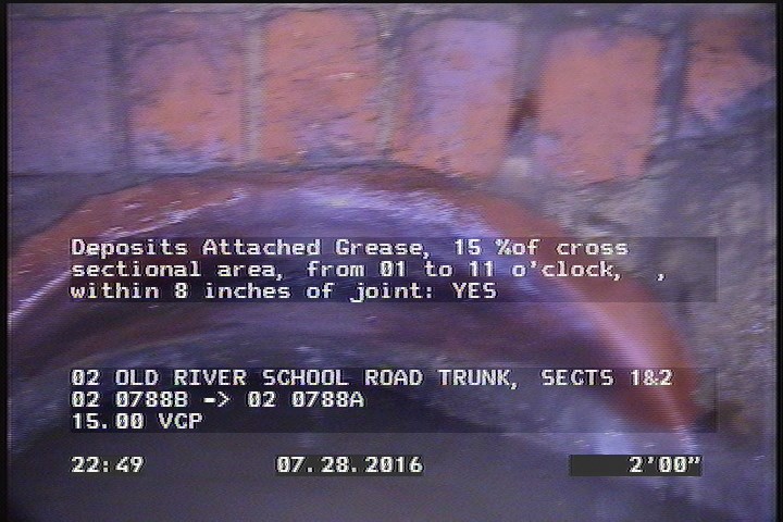 Deposits Attached Grease, 15 %of cross sectional area, from 01 to 11 o'clock, , within 8 inches of joint: YES