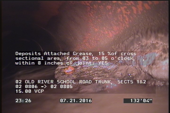 Deposits Attached Grease, 15 %of cross sectional area, from 03 to 05 o'clock, , within 8 inches of joint: YES
