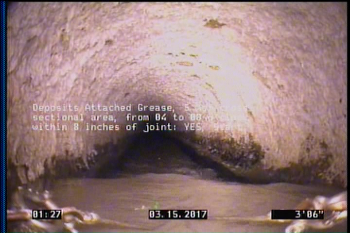 Deposits Attached Grease, 5 %of cross sectional area, from 04 to 08 o'clock, , within 8 inches of joint: YES, Start