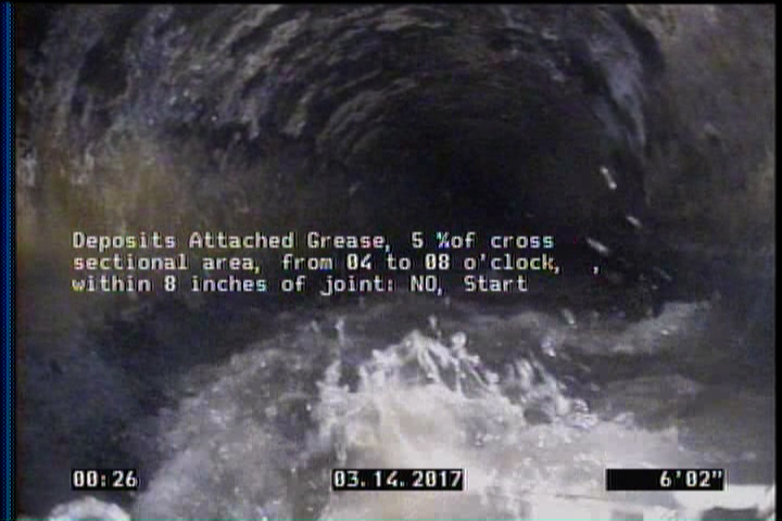 Deposits Attached Grease, 5 %of cross sectional area, from 04 to 08 o'clock, , within 8 inches of joint: NO, Start