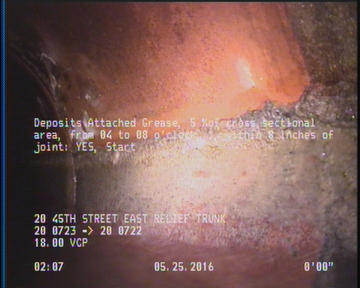 Deposits Attached Grease, 5 %of cross sectional area, from 04 to 08 o'clock, , within 8 inches of joint: YES, Start
