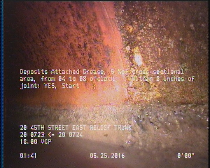 Deposits Attached Grease, 5 %of cross sectional area, from 04 to 08 o'clock, , within 8 inches of joint: YES, Start