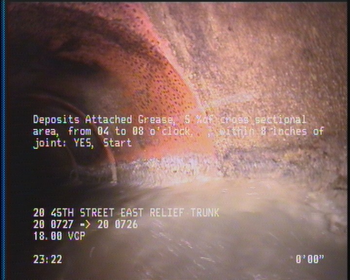 Deposits Attached Grease, 5 %of cross sectional area, from 04 to 08 o'clock, , within 8 inches of joint: YES, Start