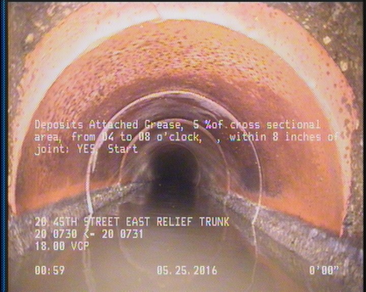 Deposits Attached Grease, 5 %of cross sectional area, from 04 to 08 o'clock, , within 8 inches of joint: YES, Start