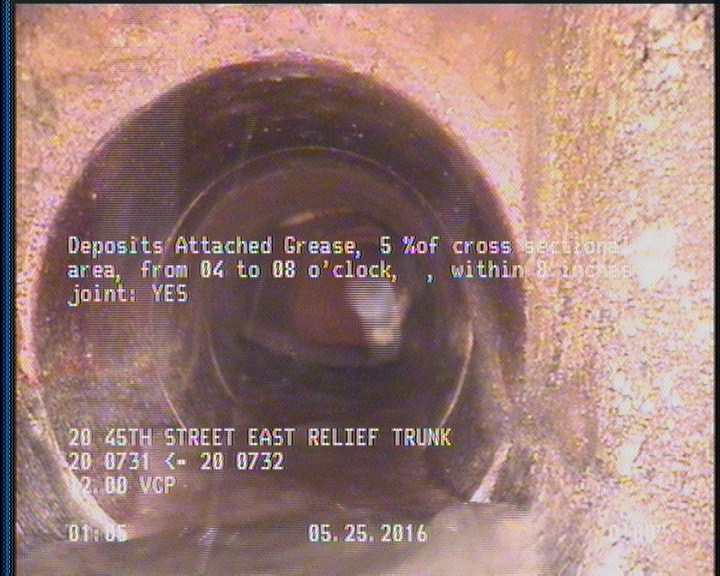 Deposits Attached Grease, 5 %of cross sectional area, from 04 to 08 o'clock, , within 8 inches of joint: YES