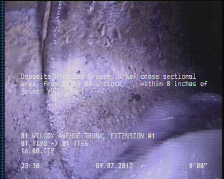 Deposits Attached Grease, 5 %of cross sectional area, from 03 to 09 o'clock, , within 8 inches of joint: YES, Start