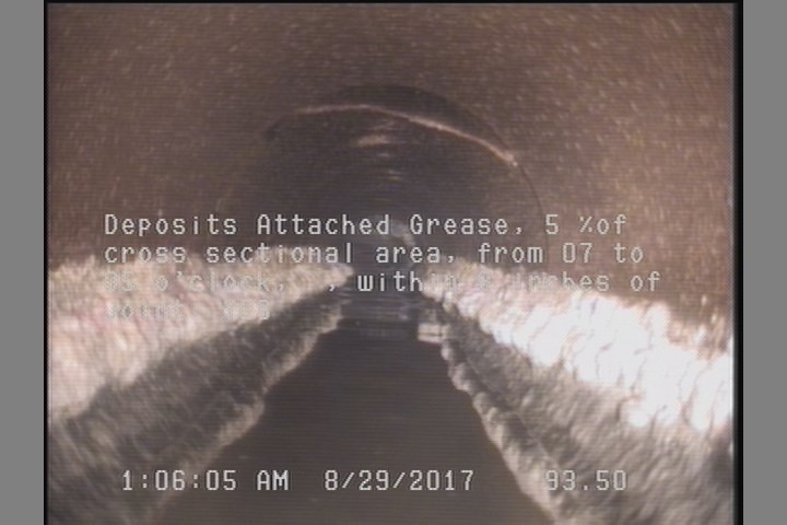 Deposits Attached Grease, 5 %of cross sectional area, from 07 to 05 o'clock, , within 8 inches of joint: YES, Start