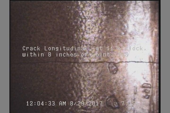 Crack Longitudinal, at 11 o'clock, within 8 inches of joint: YES