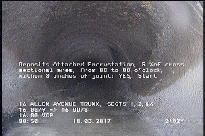 Deposits Attached Encrustation, 5 %of cross sectional area, from 08 to 08 o'clock, , within 8 inches of joint: YES, Start