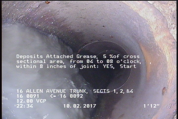 Deposits Attached Grease, 5 %of cross sectional area, from 04 to 08 o'clock, , within 8 inches of joint: YES, Start