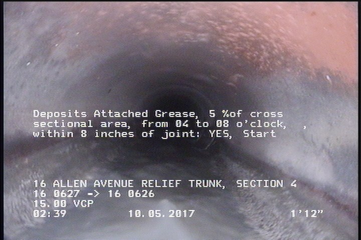 Deposits Attached Grease, 5 %of cross sectional area, from 04 to 08 o'clock, , within 8 inches of joint: YES, Start