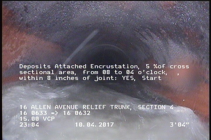 Deposits Attached Encrustation, 5 %of cross sectional area, from 08 to 04 o'clock, , within 8 inches of joint: YES, Start