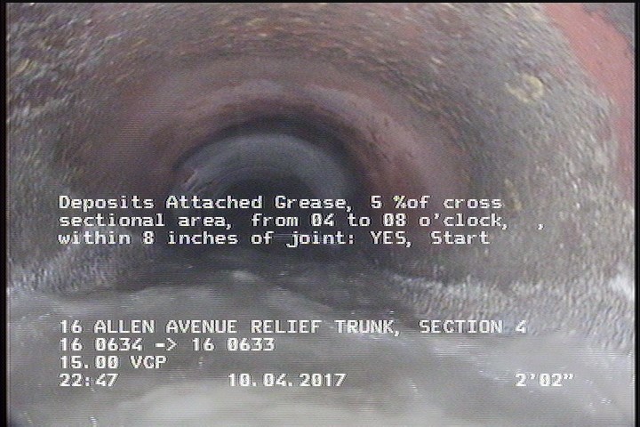 Deposits Attached Grease, 5 %of cross sectional area, from 04 to 08 o'clock, , within 8 inches of joint: YES, Start