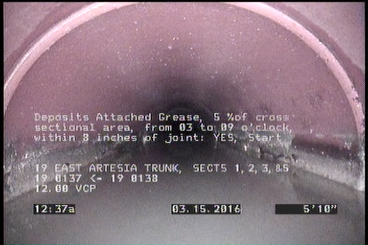 Deposits Attached Grease, 5 %of cross sectional area, from 03 to 09 o'clock, , within 8 inches of joint: YES, Start