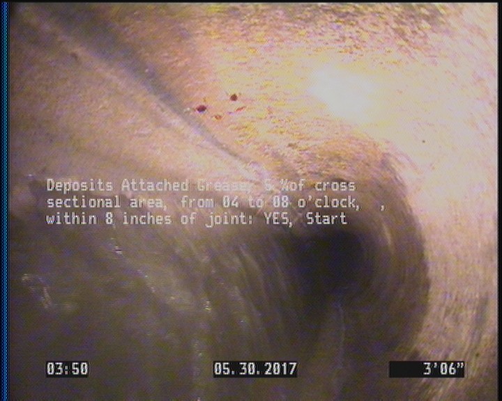 Deposits Attached Grease, 5 %of cross sectional area, from 04 to 08 o'clock, , within 8 inches of joint: YES, Start