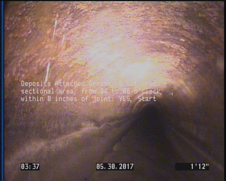 Deposits Attached Grease, 5 %of cross sectional area, from 04 to 08 o'clock, , within 8 inches of joint: YES, Start