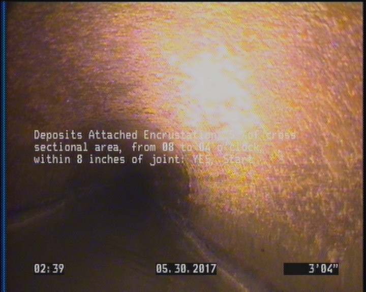 Deposits Attached Encrustation, 5 %of cross sectional area, from 08 to 04 o'clock, , within 8 inches of joint: YES, Start