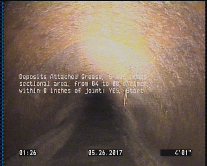 Deposits Attached Grease, 5 %of cross sectional area, from 04 to 08 o'clock, , within 8 inches of joint: YES, Start