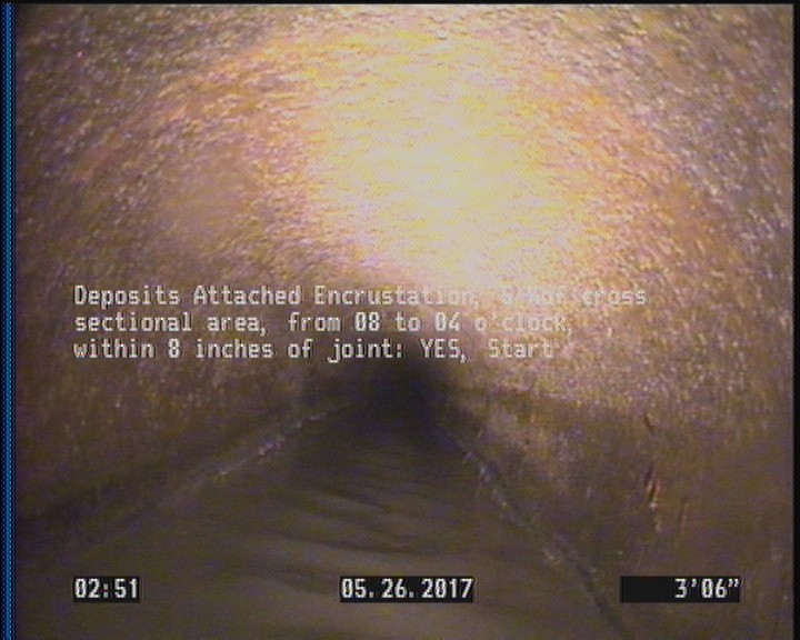 Deposits Attached Encrustation, 5 %of cross sectional area, from 08 to 04 o'clock, , within 8 inches of joint: YES, Start