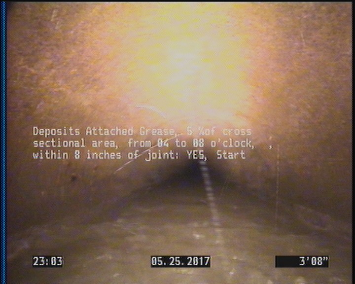Deposits Attached Grease, 5 %of cross sectional area, from 04 to 08 o'clock, , within 8 inches of joint: YES, Start