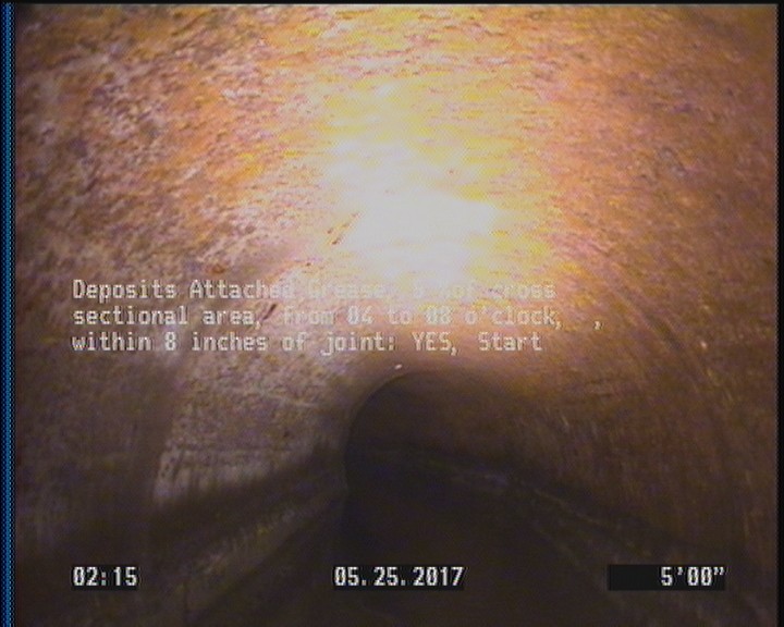 Deposits Attached Grease, 5 %of cross sectional area, from 04 to 08 o'clock, , within 8 inches of joint: YES, Start