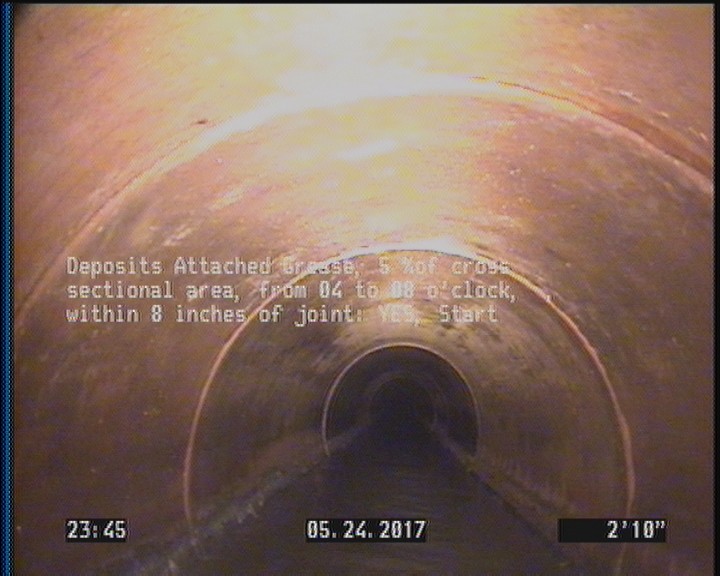 Deposits Attached Grease, 5 %of cross sectional area, from 04 to 08 o'clock, , within 8 inches of joint: YES, Start
