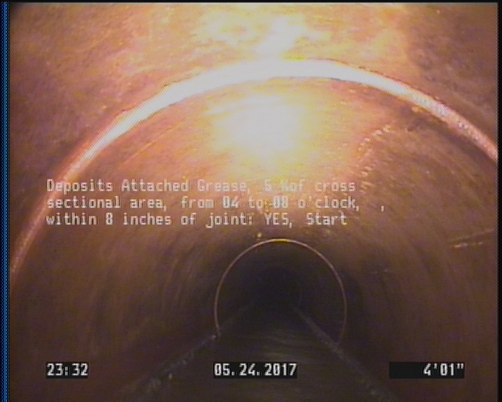 Deposits Attached Grease, 5 %of cross sectional area, from 04 to 08 o'clock, , within 8 inches of joint: YES, Start