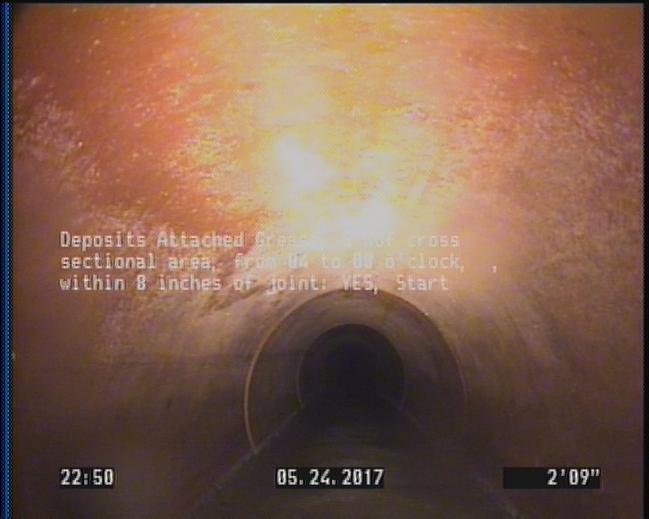 Deposits Attached Grease, 5 %of cross sectional area, from 04 to 08 o'clock, , within 8 inches of joint: YES, Start