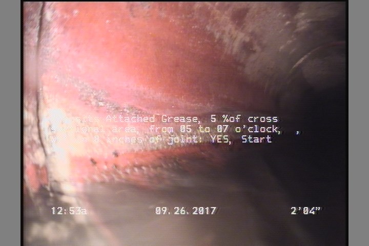 Deposits Attached Grease, 5 %of cross sectional area, from 05 to 07 o'clock, , within 8 inches of joint: YES, Start