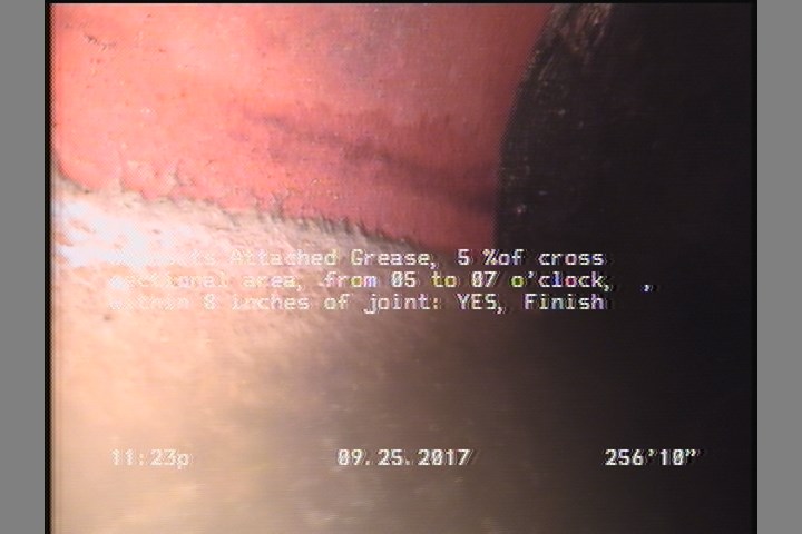 Deposits Attached Grease, 5 %of cross sectional area, from 05 to 07 o'clock, , within 8 inches of joint: YES, Finish