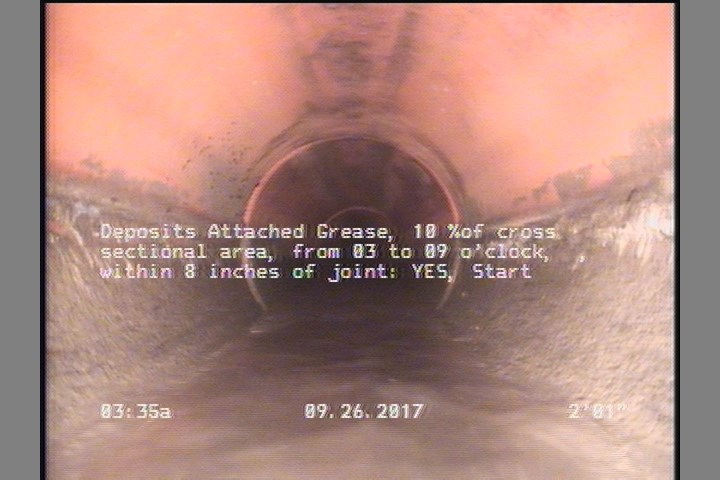 Deposits Attached Grease, 10 %of cross sectional area, from 03 to 09 o'clock, , within 8 inches of joint: YES, Start