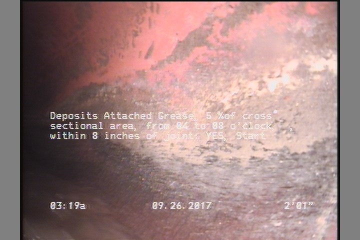 Deposits Attached Grease, 5 %of cross sectional area, from 04 to 08 o'clock, , within 8 inches of joint: YES, Start