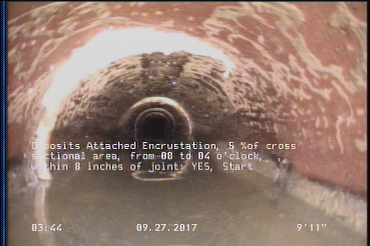 Deposits Attached Encrustation, 5 %of cross sectional area, from 08 to 04 o'clock, , within 8 inches of joint: YES, Start