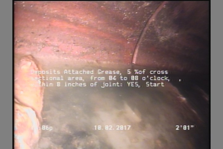 Deposits Attached Grease, 5 %of cross sectional area, from 04 to 08 o'clock, , within 8 inches of joint: YES, Start