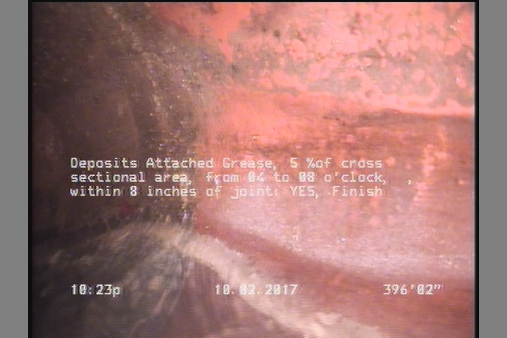 Deposits Attached Grease, 5 %of cross sectional area, from 04 to 08 o'clock, , within 8 inches of joint: YES, Finish
