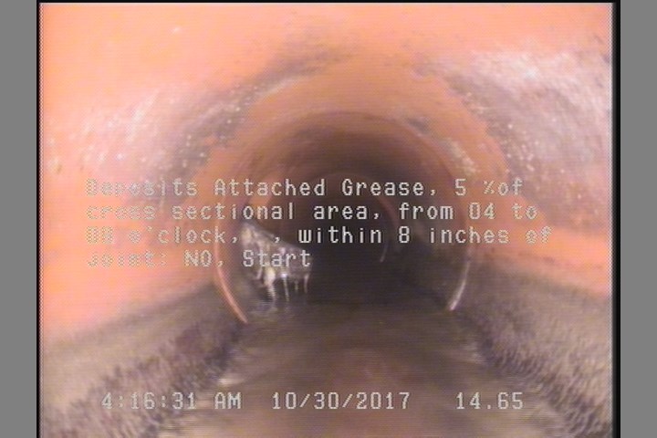 Deposits Attached Grease, 5 %of cross sectional area, from 04 to 08 o'clock, , within 8 inches of joint: NO, Start