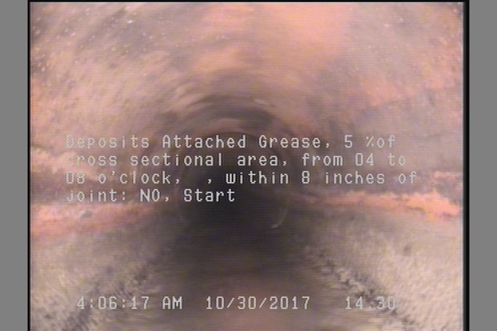 Deposits Attached Grease, 5 %of cross sectional area, from 04 to 08 o'clock, , within 8 inches of joint: NO, Start