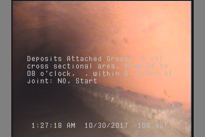 Deposits Attached Grease, 5 %of cross sectional area, from 04 to 08 o'clock, , within 8 inches of joint: NO, Start