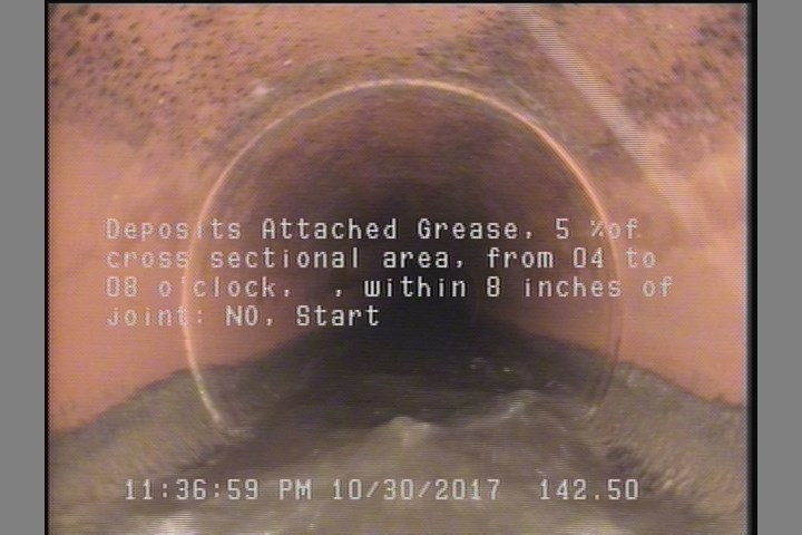 Deposits Attached Grease, 5 %of cross sectional area, from 04 to 08 o'clock, , within 8 inches of joint: NO, Start