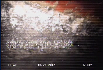 Deposits Attached Grease, 5 %of cross sectional area, from 03 to 09 o'clock, , within 8 inches of joint: YES, Start